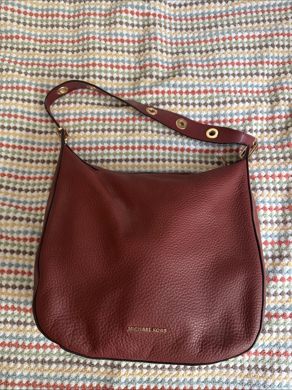 Michael Kors Maroon Pebbled Leather Shoulder Bag with Gold Accents